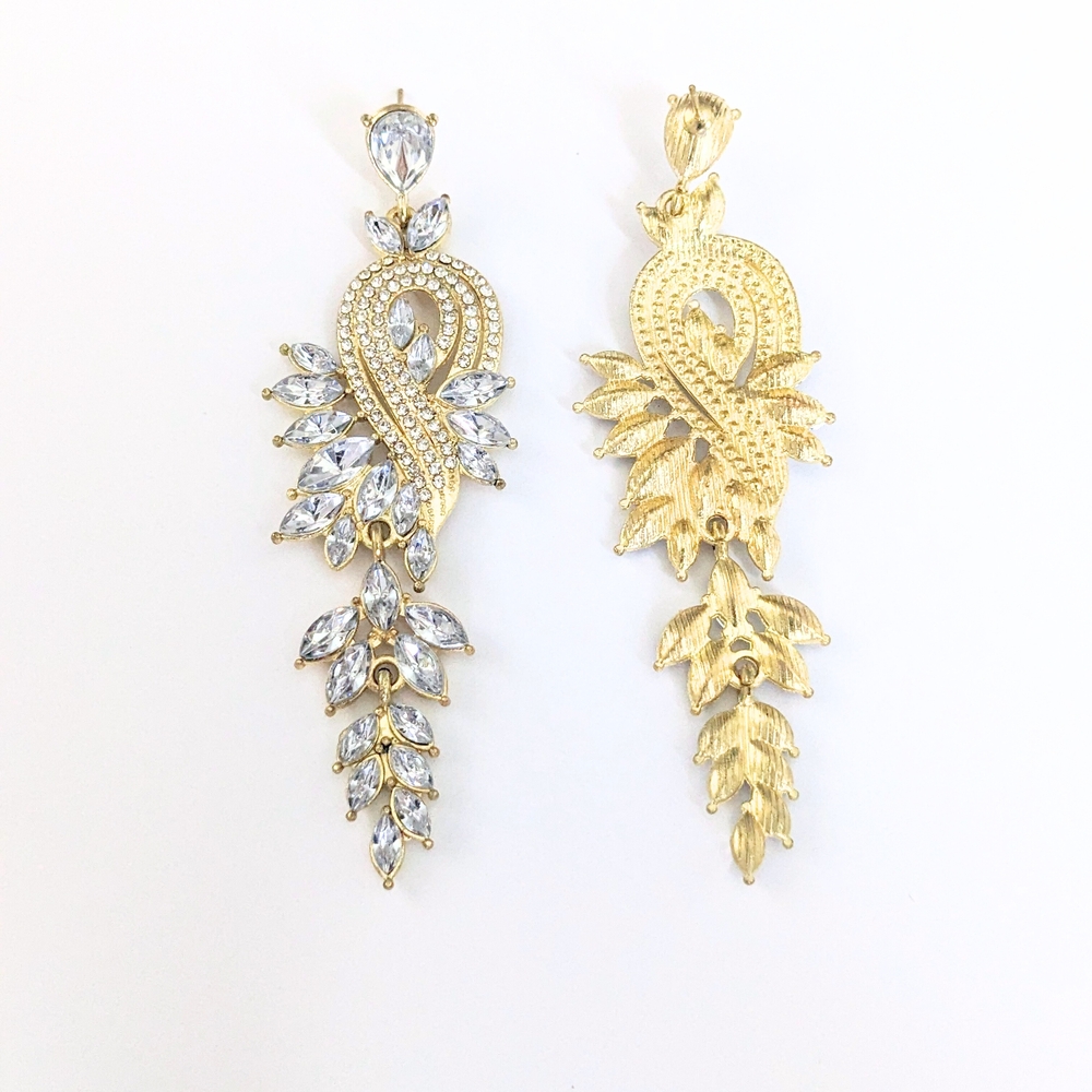 Gold and Silver Crystal Leaf Earrings - Picture 2 of 2